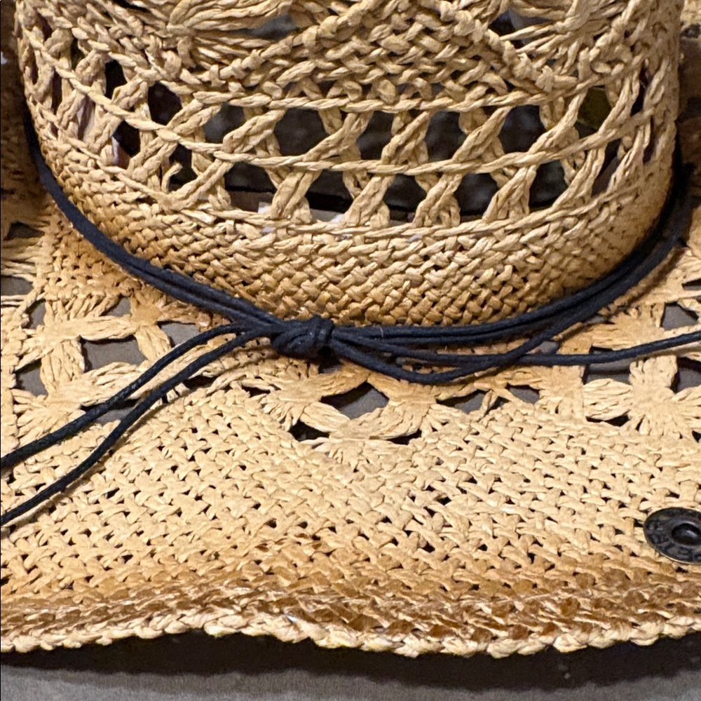 Straw Crochet Cowboy Hat with Bead Band - Natural - Picture 3 of 7